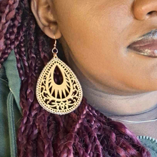 Load image into Gallery viewer, Wooden Fillagree Teardrop Diffuser Earrings with Rose Gold Accent